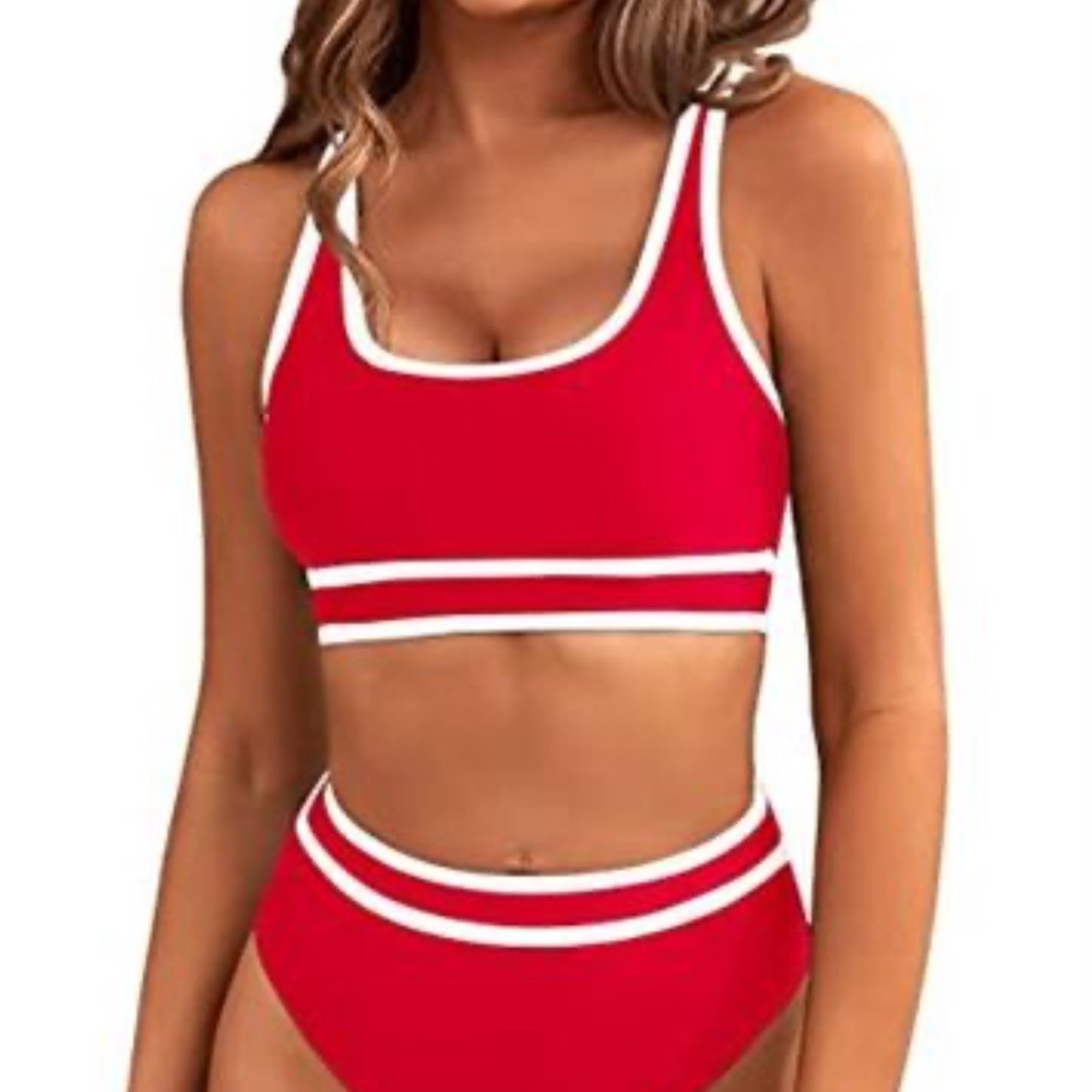 Red Contrast-Trim High-Waist Bikini Set